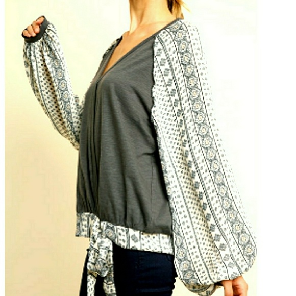 Boho Billow Sleeve Faux Wrap V Neck Blouse - Picture 7 of 7